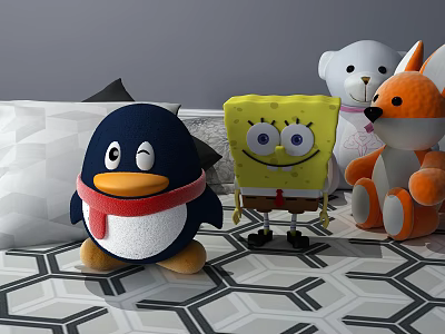Cute Stuffed Plush Toys Collection Featuring Penguin SpongeBob Bear and Fox 3d model