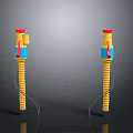 Pair of Yellow Industrial Equipment With Red Blue Components And Coiled Cables