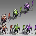 Multiple Colored Character Creature Designs With Horns And Blades In Various Color Variants