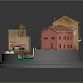 Miniature Architectural Model With Colorful Houses Red Tiled Roofs Small Bridge And Water Channel