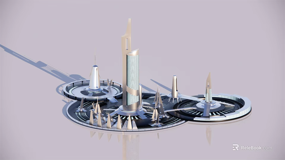 Futuristic Architectural Model Featuring Tall Towers Circular Platforms and Metallic Structures 3d model 