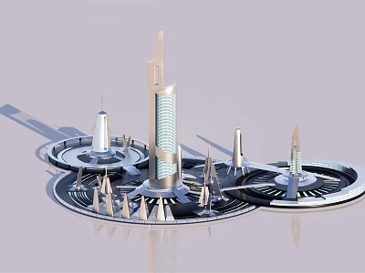 Futuristic Architectural Model Featuring Tall Towers Circular Platforms and Metallic Structures 3d model