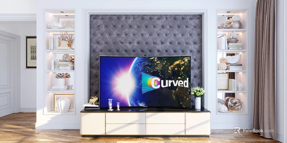 Elegant Modern TV Stand With Curved TV And Tufted Wall Decor 3d model 