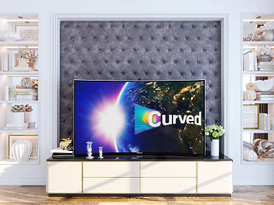 Elegant Modern TV Stand With Curved TV And Tufted Wall Decor 3d model