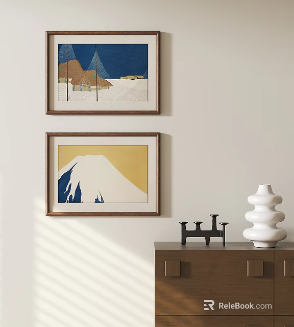 Landscape Paintings With Mountain Motifs Colorful Tones On Wall Above Wooden Cabinet Decorative Vase Figurine 3d model 