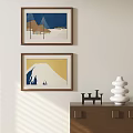 Landscape Paintings With Mountain Motifs Colorful Tones On Wall Above Wooden Cabinet Decorative Vase Figurine