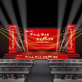 Red Stage Design With LED Screen Event Backdrop Side Panels Lighting And Front Tables Chairs 3d model