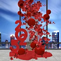 Floral Art Installation with Red Flowers Red Spheres 2025 Number Design and City Night View