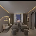 Luxurious SPA Sauna Interior With Massage Beds Soft Lighting And City Night View