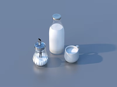Fresh Milk Bottle With Glass Jar And Small Milk Cup On Blue Background 3d model