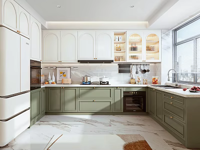 Modern Kitchen Interior With White Upper Cabinets Green Base Cabinets Marble Flooring And Window Appliances 3d model