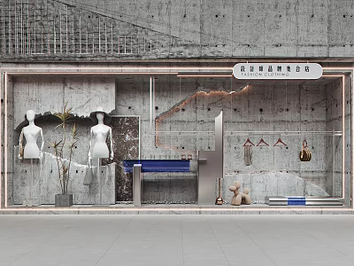 Elegant Modern Storefront Window Display With Mannequins Clothing And Decorative Elements 3d model
