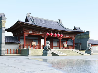 Ancient Chinese Architecture With Traditional Roof Red Pillars Red Lanterns And Stone Lion Statues 3d model