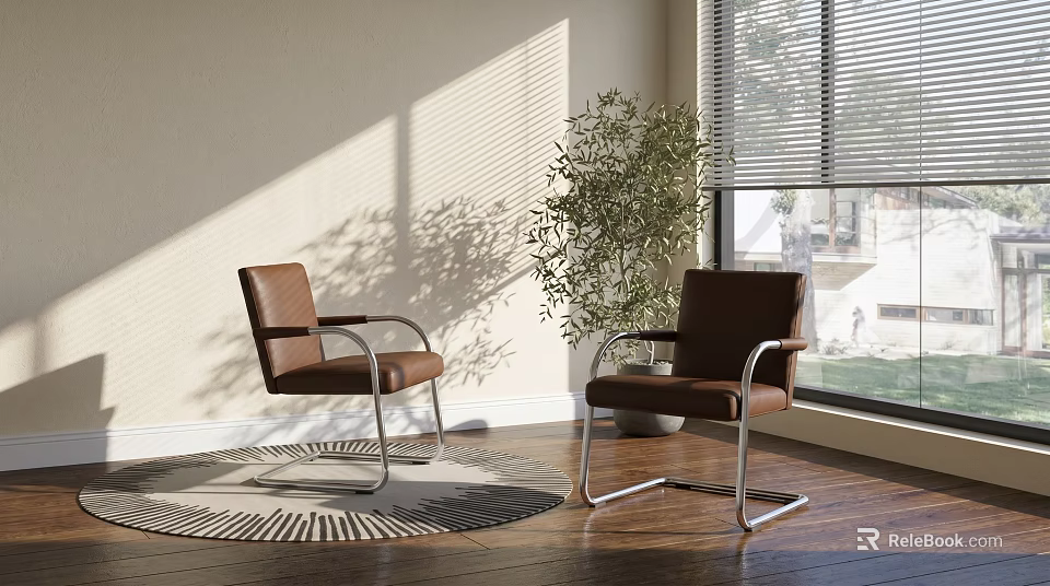 Brown Office Chairs with Metal Frame in Sunlit Indoor Space with Green Plant and Rug 3d model 