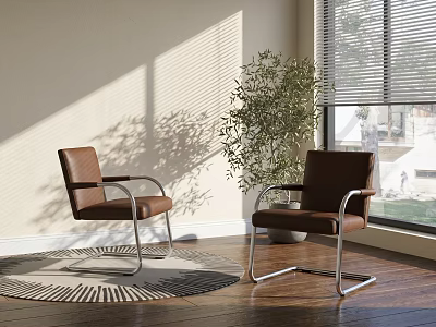 Brown Office Chairs with Metal Frame in Sunlit Indoor Space with Green Plant and Rug 3d model