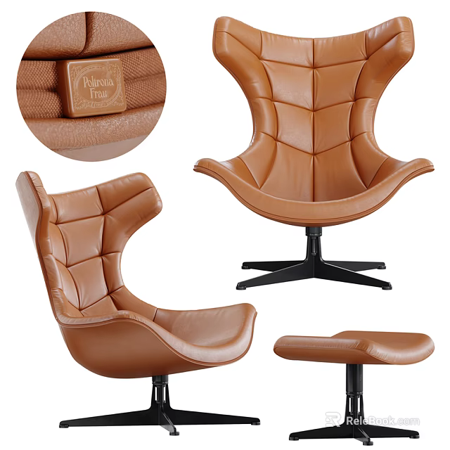 Brown Natural Leather Accent Chair With Wingback Design Black Metal Base And Ottoman 3d model 