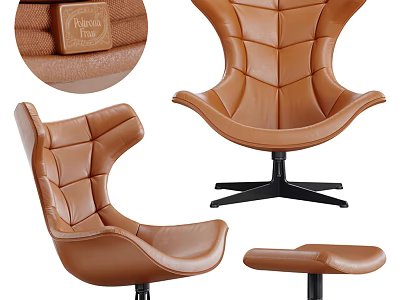 Brown Natural Leather Accent Chair With Wingback Design Black Metal Base And Ottoman 3d model