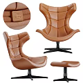 Brown Natural Leather Accent Chair With Wingback Design Black Metal Base And Ottoman