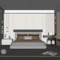 Modern Bedroom Interior With Large Bed Pillows Built-in Wardrobes Curtains And Wooden Floor Rug