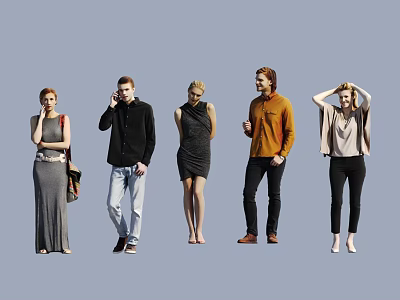 Group of People Standing in Different Poses with Various Casual Outfits on Gray Background 3d model