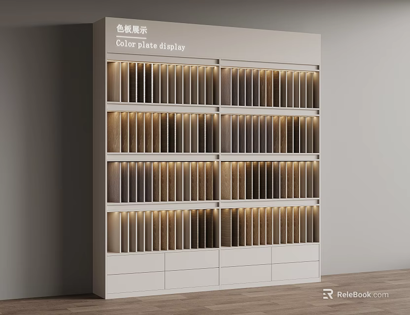 Color Plate Display White Cabinet With Illuminated Shelves And Various Colored Plates 3d model 