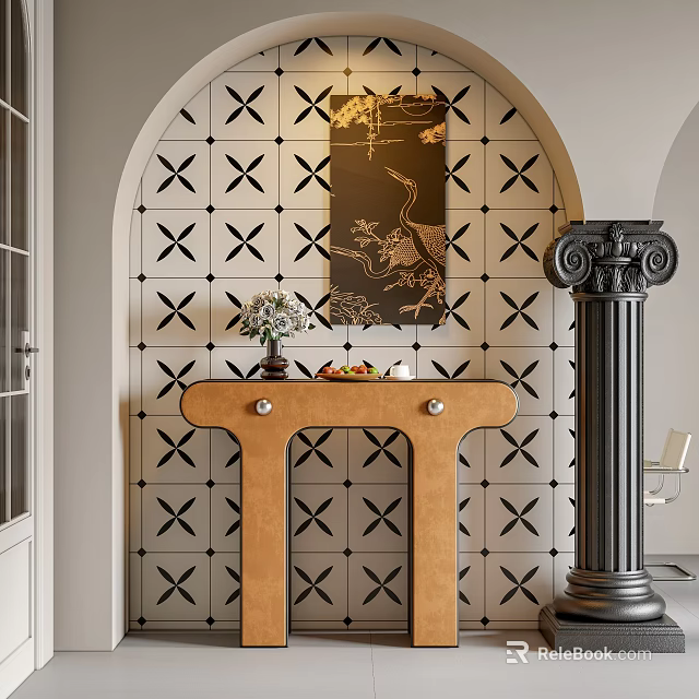 Stylish Entryway Console Table With Arched Black White Cross Pattern Tile Wall And Decorative Painting 3d model