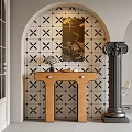 Stylish Entryway Console Table With Arched Black White Cross Pattern Tile Wall And Decorative Painting 3d model