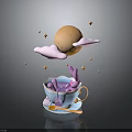 Whimsical Scene With Blue Cup Purple Rabbit Saucer Spoon Cloud Moon And Stars