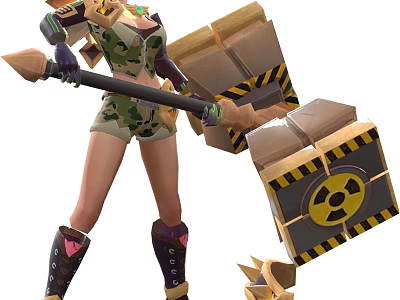 Female Video Game Character With Large Hammer Radioactive Symbol Camouflage Shorts Purple Boots Heart Patterns 3d model