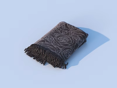 Brown Blanket With White Rose Pattern And Fringe Details On Blue Background 3d model