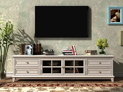 White TV Stand With Drawers And Glass Doors In Living Room With Plants And Wallpaper 3d model