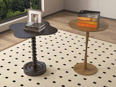 Black and Wooden Side Tables with Spiral Base Round Top and Books on Patterned Rug 3d model