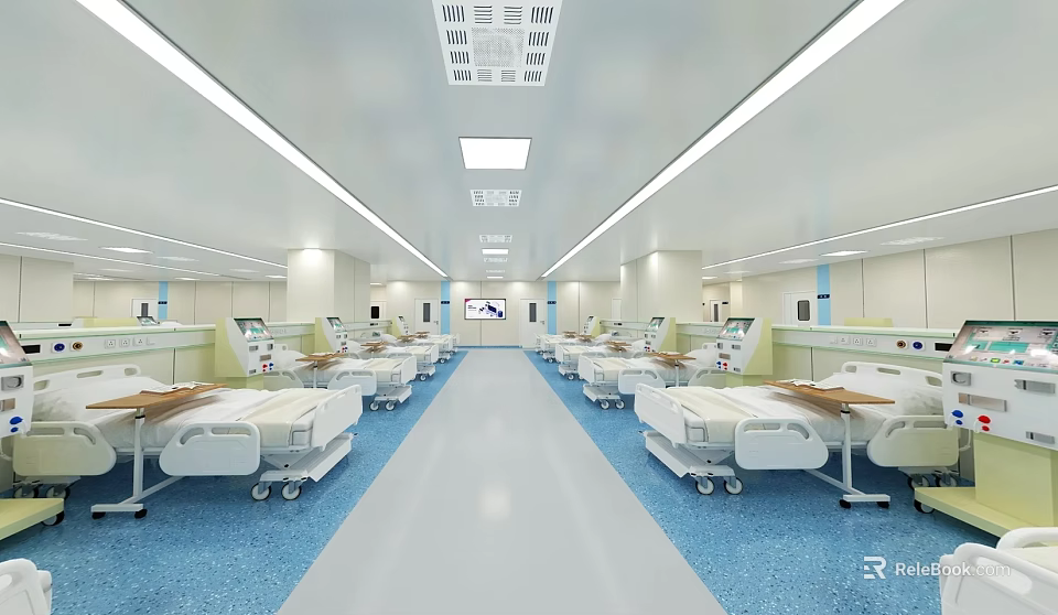 Modern Hospital Ward Interior With White Beds Blue Flooring And Medical Facilities 3d model 