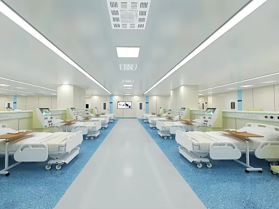 Modern Hospital Ward Interior With White Beds Blue Flooring And Medical Facilities 3d model