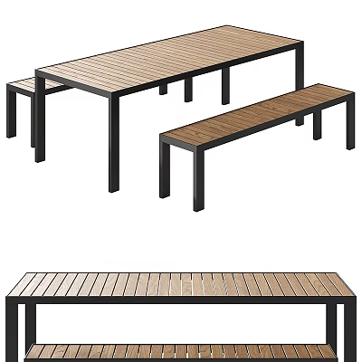 Wooden Top Outdoor Table With Black Metal Legs And Matching Benches 3d model