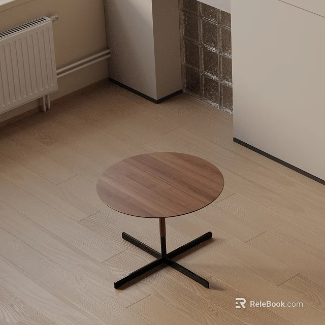 Round Wooden Side Table With Black Cross Legs On Light Wooden Floor Modern Interior Scene 3d model 