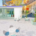 Modern Commercial Street With Outdoor Welcome Booth Green Plants Tables Chairs And Marble Floor