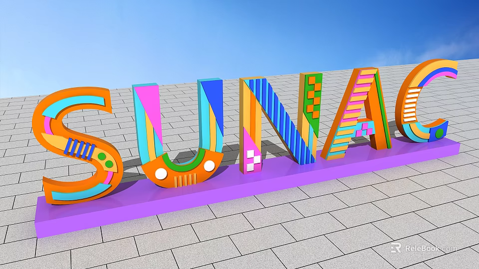 Vibrant Colorful 3D Letters With Blue Sky And Purple Base On Paved Ground 3d model 