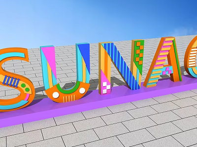Vibrant Colorful 3D Letters With Blue Sky And Purple Base On Paved Ground 3d model