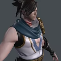 Man In Sleeveless Top With Blue Scarf Golden Shoulder Armor And Black Wrist Guards