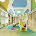 Children's Indoor Play Area With Colorful Ceiling Yellow Slide And Climbing Walls