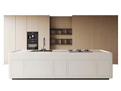 Modern Kitchen Interior Design with White Island Counter Stovetop Faucet and Light Wood Cabinets 3d model