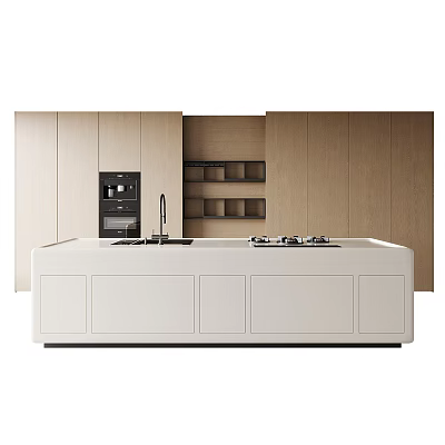 Modern Kitchen Interior Design with White Island Counter Stovetop Faucet and Light Wood Cabinets 3d model