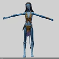 Detailed Blue Skin Character With Stretched Arms Traditional Costume And Body Tattoos