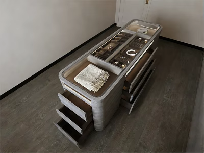 Modern Kitchen Island With Drawers And Cloth On Sleek Counter Surface 3d model
