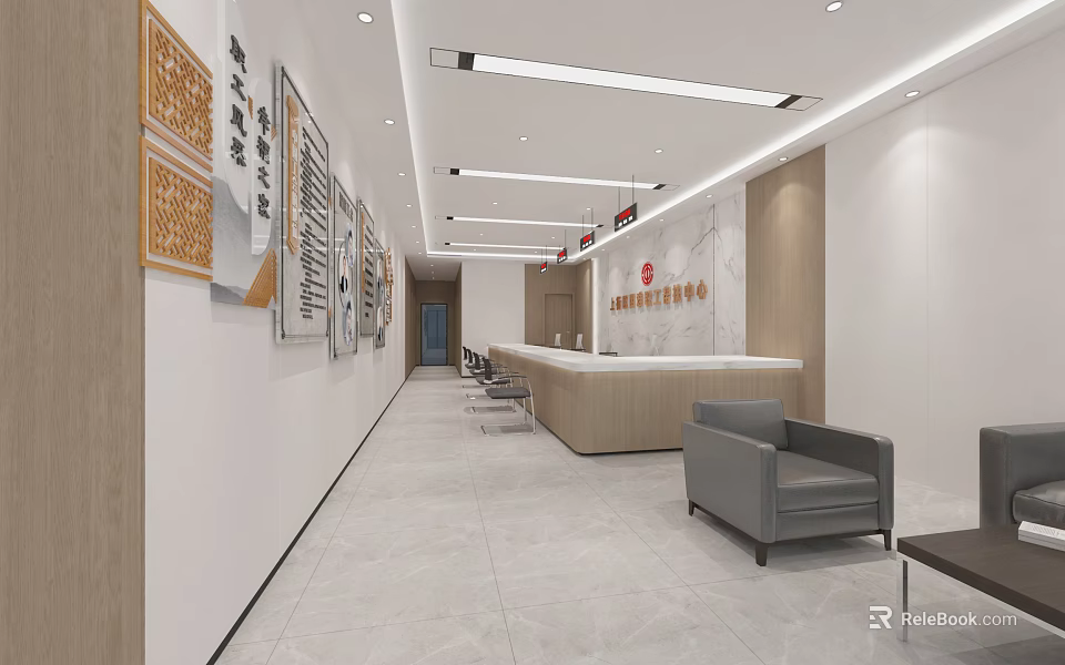 Modern Service Hall Interior With Reception Counter Waiting Area Seats And Wall Decorations 3d model 