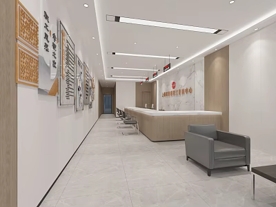 Modern Service Hall Interior With Reception Counter Waiting Area Seats And Wall Decorations 3d model