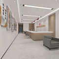 Modern Service Hall Interior With Reception Counter Waiting Area Seats And Wall Decorations