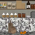 Decorative Ornament Combination With Coffee Bags Glass Jars Wooden Trays And Oranges On Marble Countertop