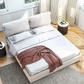 White Upholstered Double Bed with Red Blanket Nightstand Plant and Window in Cozy Bedroom